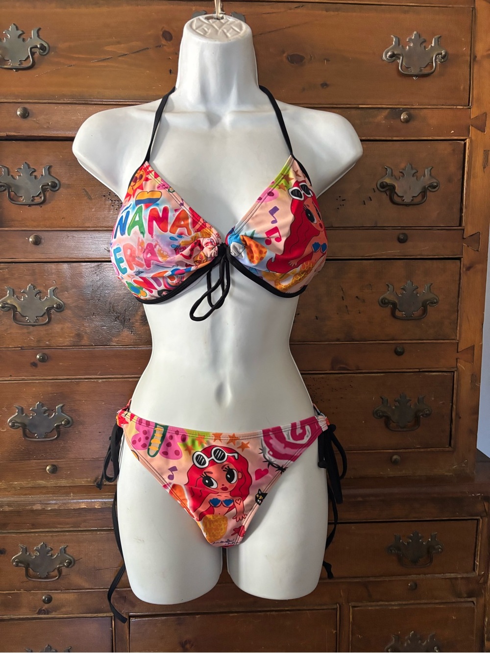 (A305)Woman's Colorful Cartoon Print Tie-Side Bikini Top and Bottom -Size XL